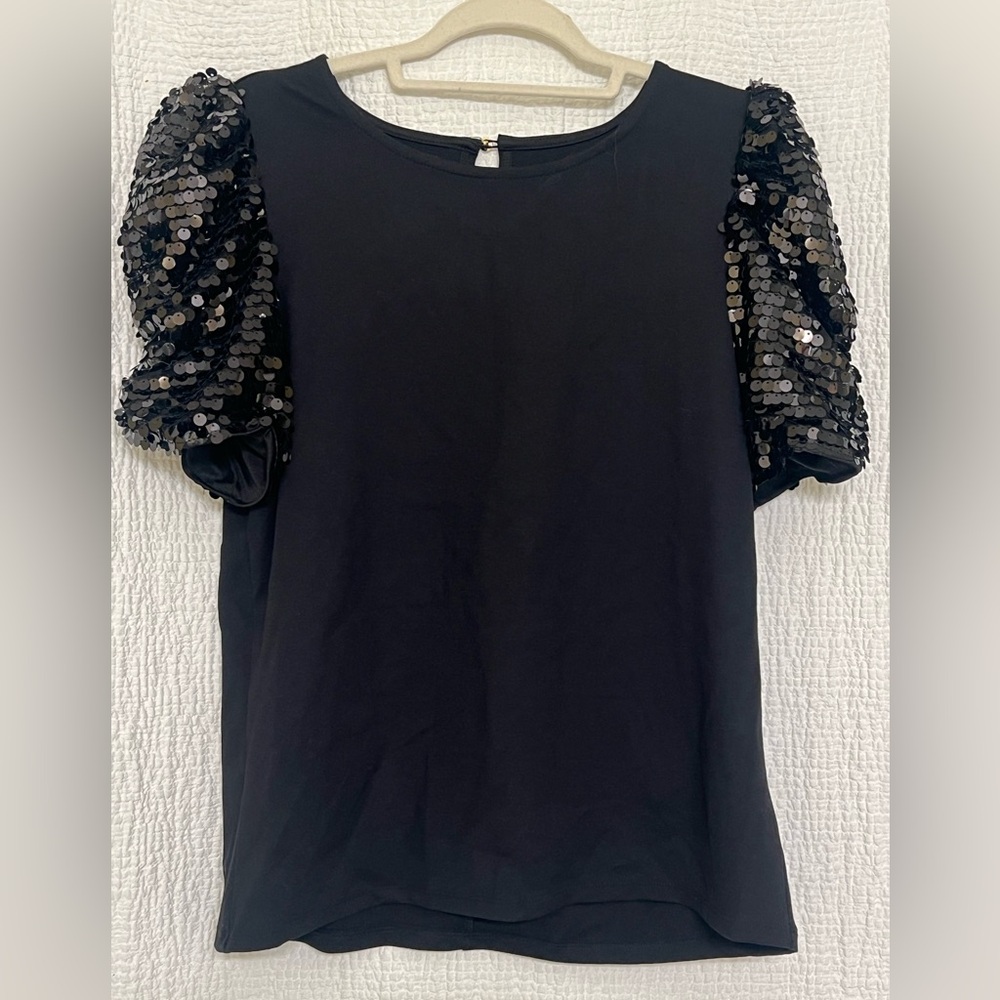 Maurices Black Short Sleeve Top with Sequin Puff Sleeves